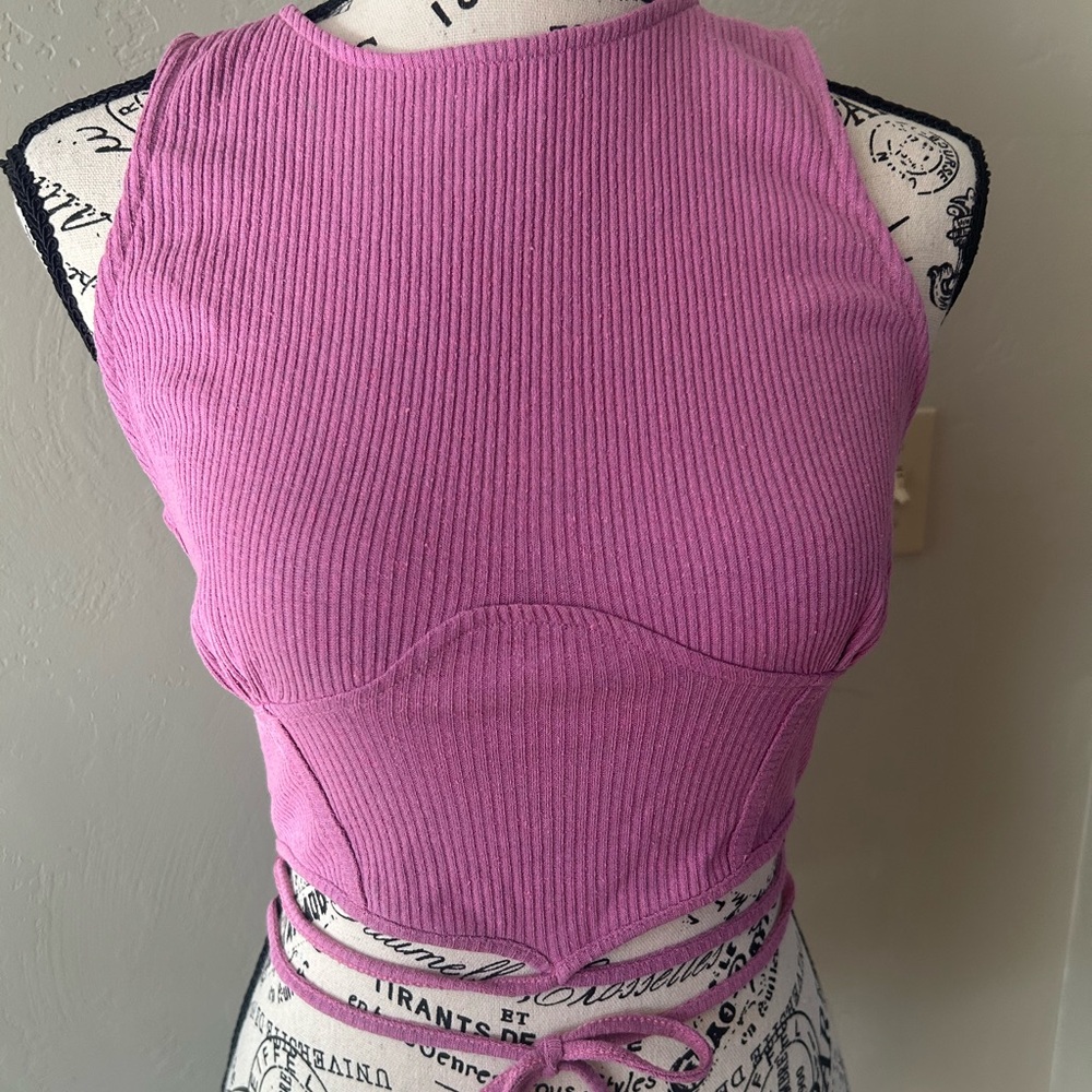 Bershka Cropped Fitted Tank with Scalloped Bust & Waist Tie Accent Size S